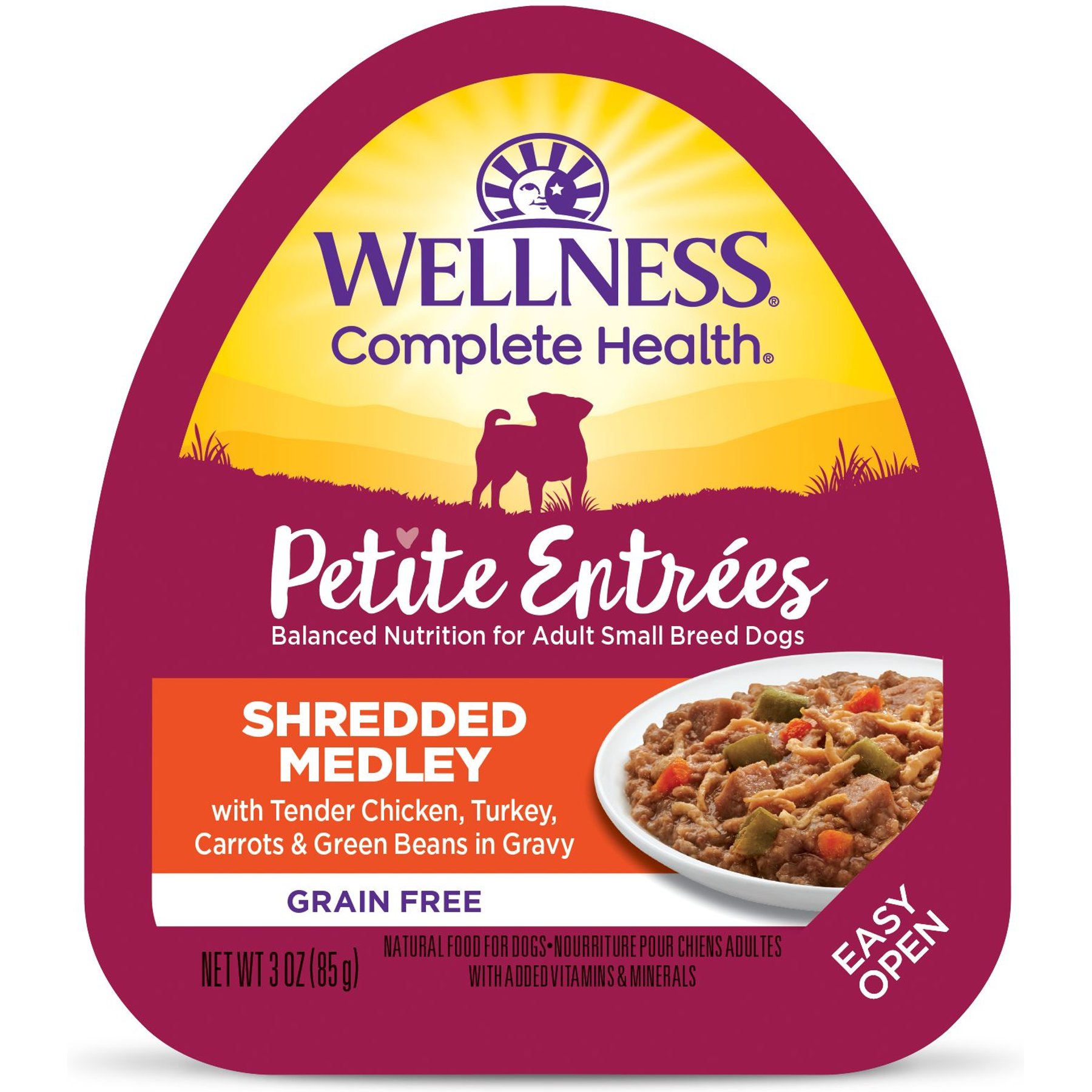 Wellness Complete Health Petite Entrees Adult Small Breed Grain-Free Chicken, Turkey, Carrots & Green Beans Shredded Medley Wet Dog Food, 3-oz cup, case of 12