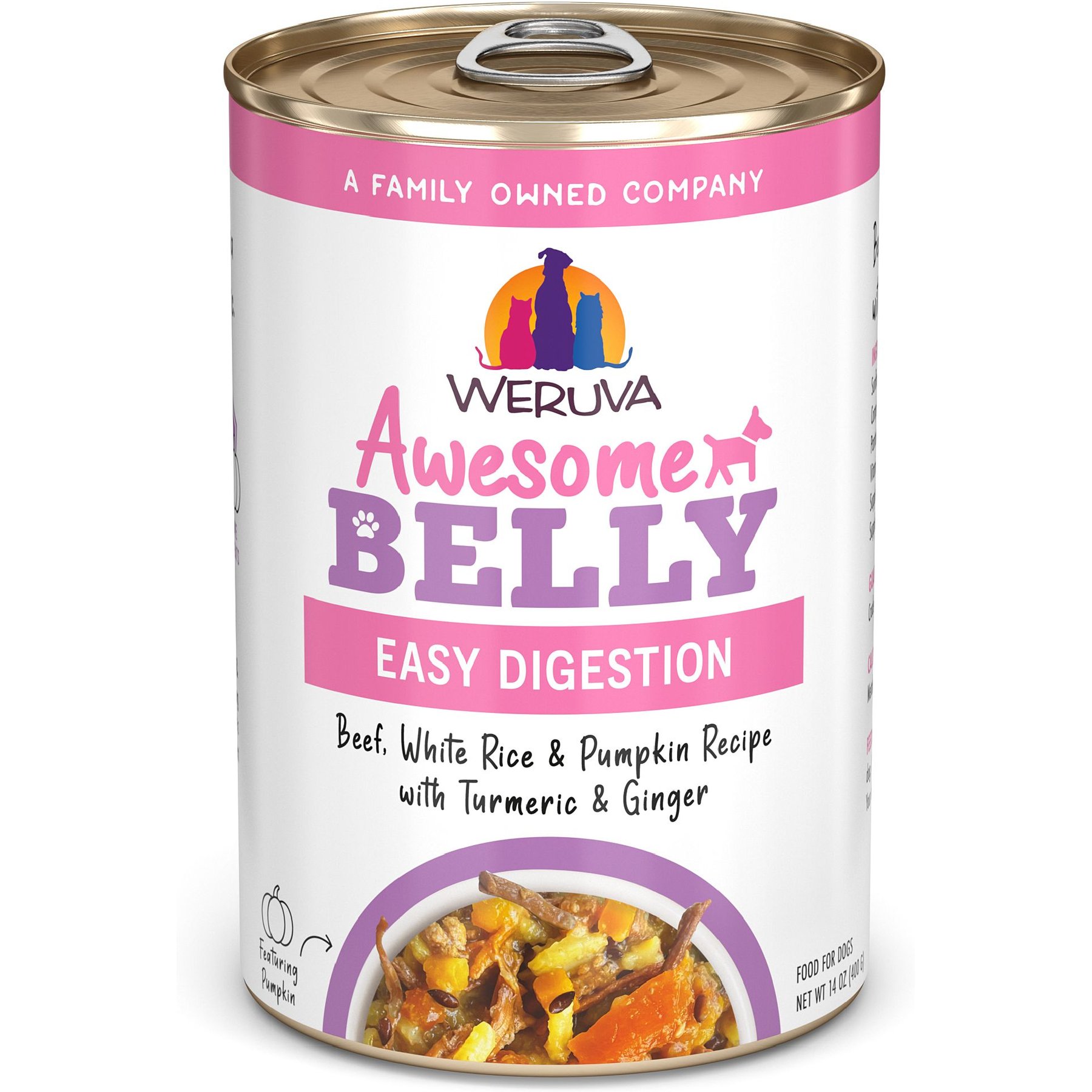 Weruva Awesome Belly, Beef, White Rice & Pumpkin Recipe with Turmeric & Ginger Adult Gluten-Free Shredded Canned Wet Dog Food