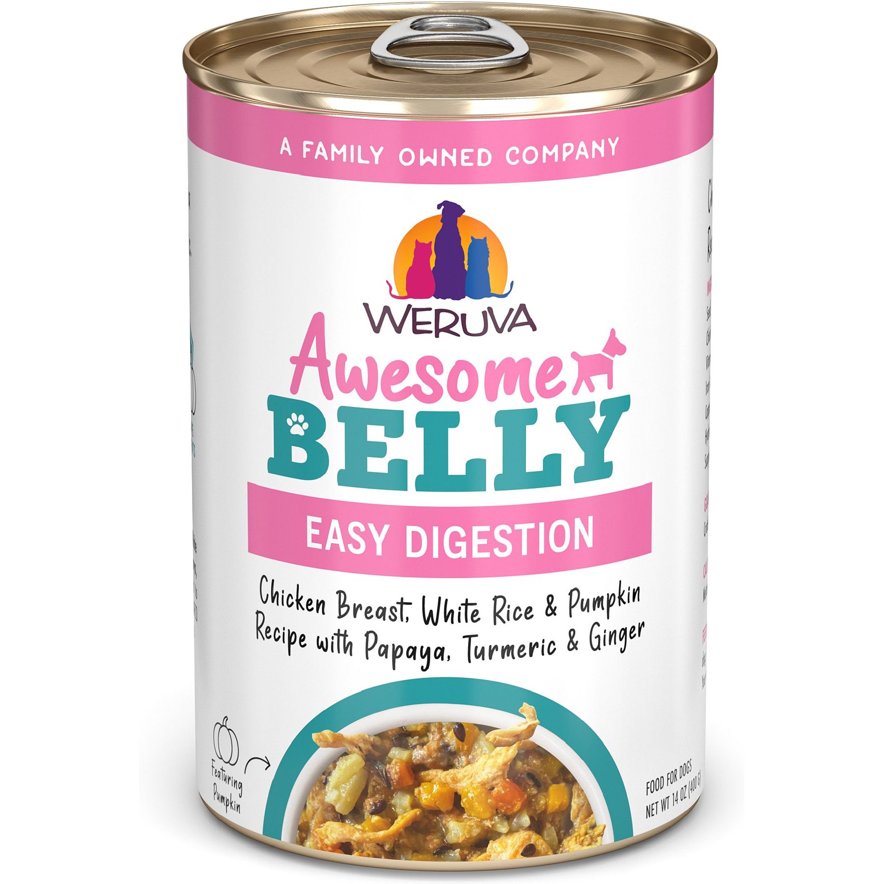 Weruva Awesome Belly, Chicken Breast, White Rice & Pumpkin Recipe with Papaya, Turmeric & Ginger Adult Gluten-Free Shredded Canned Wet Dog Food