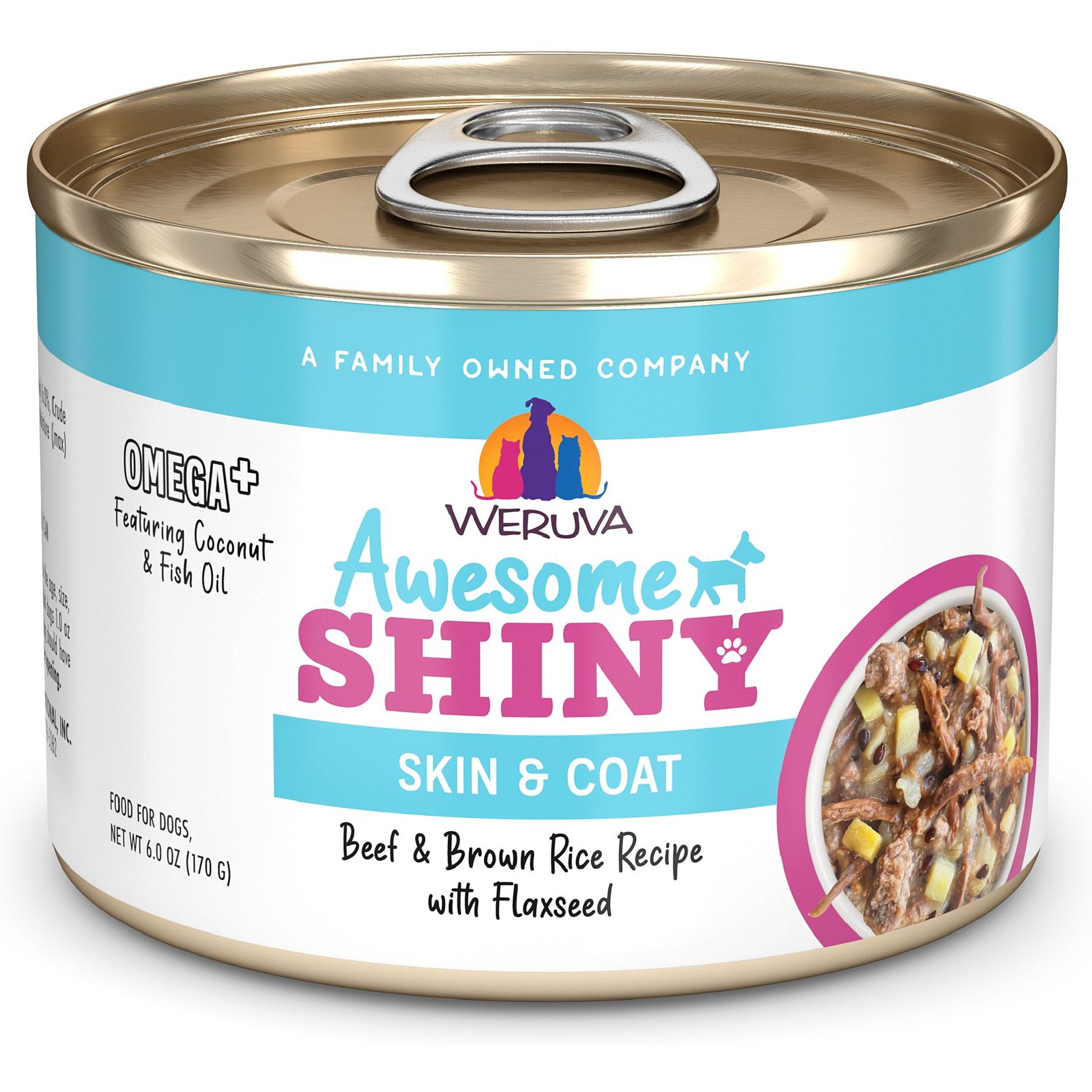 Weruva Awesome Shiny, Beef & Brown Rice Recipe with Flaxseed Adult Gluten-Free Shredded Canned Wet Dog Food